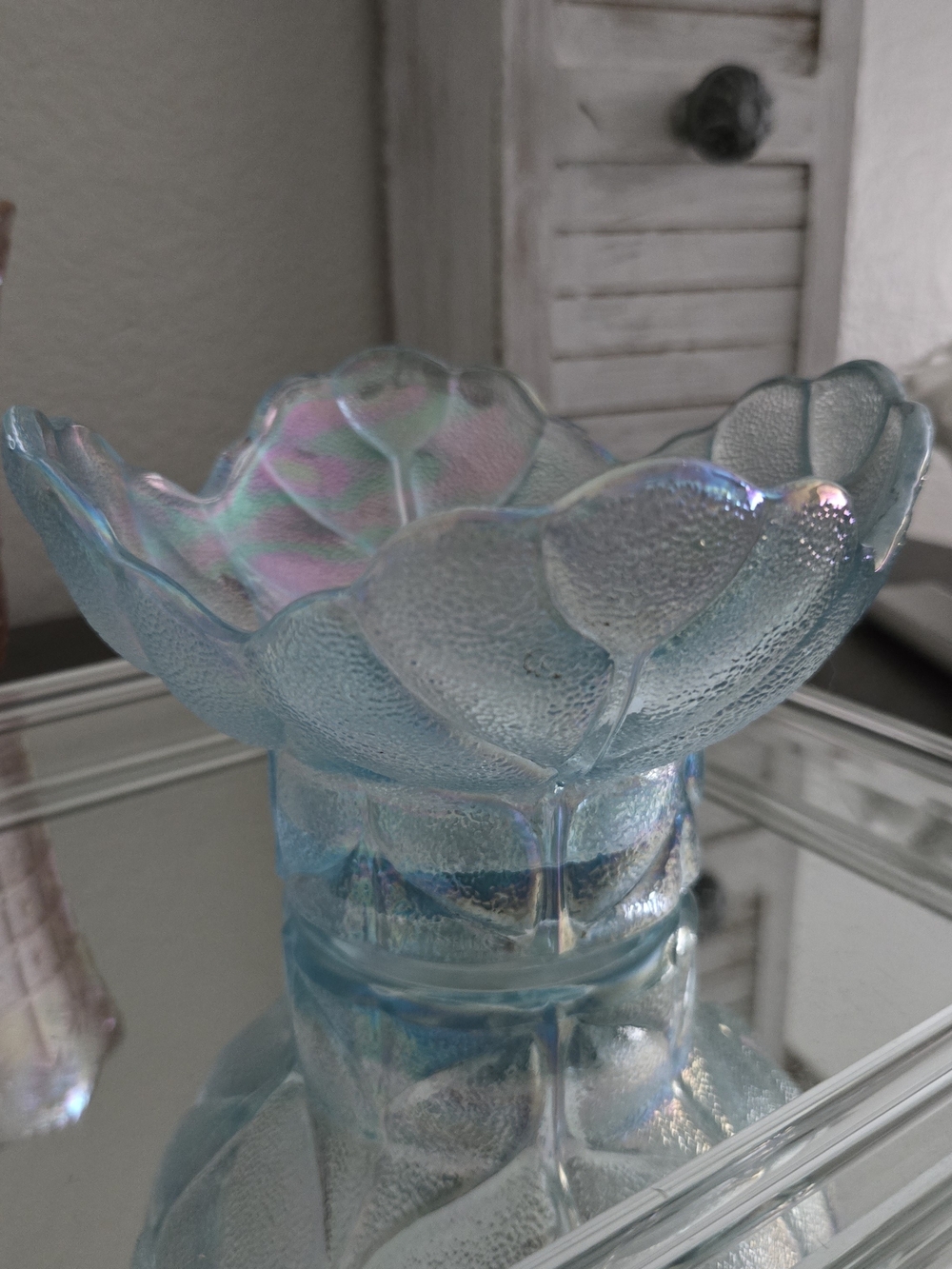 Vintage 1970s L.E. Smith Ice Blue Iridescent Cabbage Leaf Pedestal Bowl